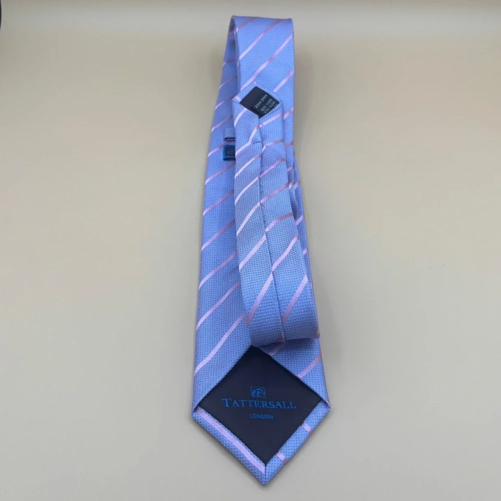 Tattersall London Mens Silk Tie Light Blue Pink Diagonal Stripe Hand Made‎ 3.25